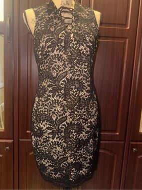 Alexia Admor Black Lace Mini Dress with Nude Underlay